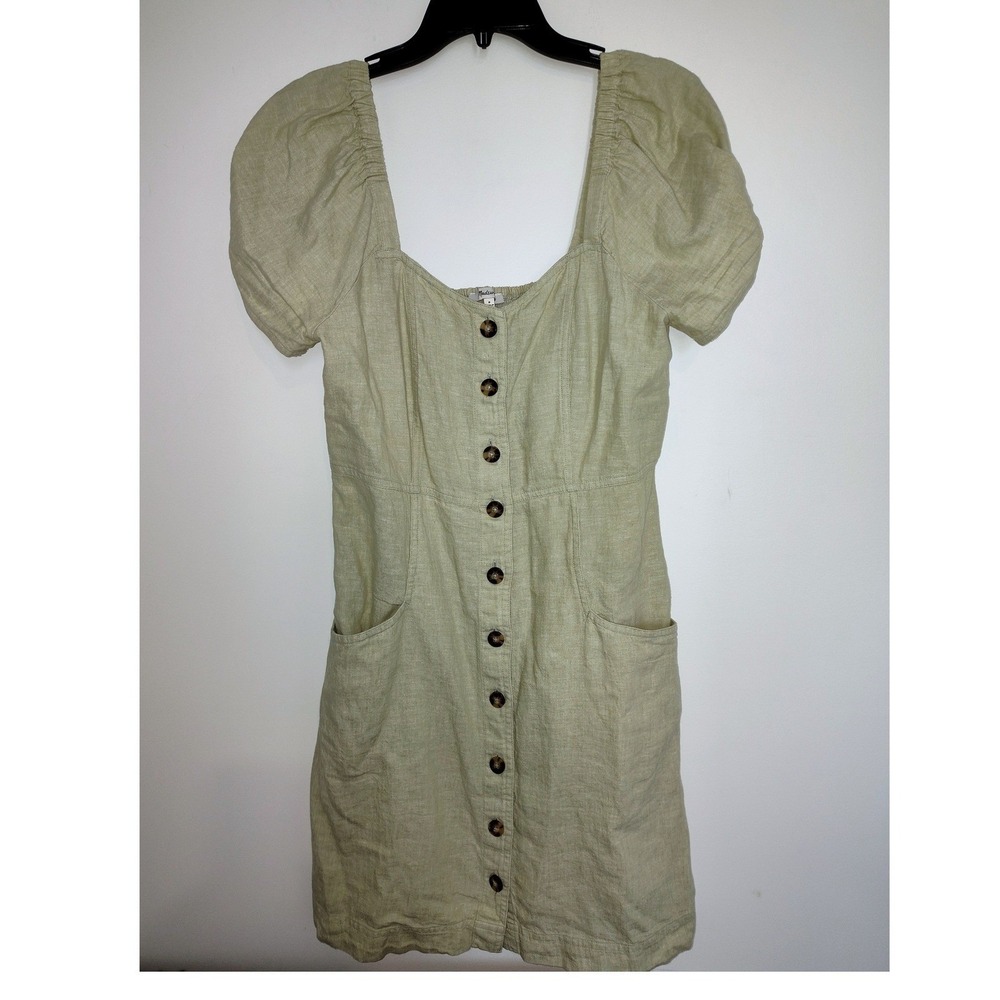 Madewell Linen Blend Puff Sleeve Button Front Mini Dress Sage Green Size 8